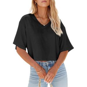 Tankaneo Womens V Neck Cropped T Shirts Casual Summer Crop Tops Half Sleeve Solid Color Crop Baisc Tees(C-black)