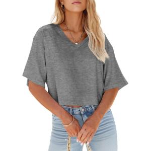 Tankaneo Womens V Neck Cropped T Shirts Casual Summer Crop Tops Half Sleeve Solid Color Crop Baisc Tees(D-grey)