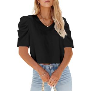 Tankaneo Womens V Neck Cropped T Shirts Casual Summer Crop Tops Half Sleeve Solid Color Crop Baisc Tees(P-black)