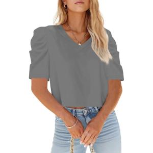 Tankaneo Womens V Neck Cropped T Shirts Casual Summer Crop Tops Half Sleeve Solid Color Crop Baisc Tees(P-gray)