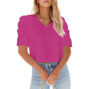 Tankaneo Womens V Neck Cropped T Shirts Casual Summer Crop Tops Half Sleeve Solid Color Crop Baisc Tees(P-hot Pink)