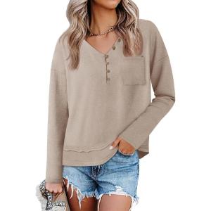 Tankaneo Womens V Neck Henley Shirts Casual Long Sleeve Flowy Tees Cute Loose Fit Tops with Pocket(Khaki)