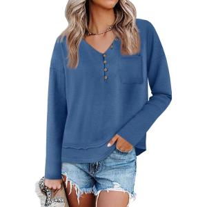 Tankaneo Womens V Neck Henley Shirts Casual Long Sleeve Flowy Tees Cute Loose Fit Tops with Pocket(Navy)