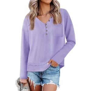 Tankaneo Womens V Neck Henley Shirts Casual Long Sleeve Flowy Tees Cute Loose Fit Tops with Pocket(Violet)