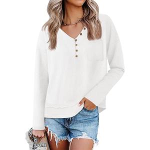 Tankaneo Womens V Neck Henley Shirts Casual Long Sleeve Flowy Tees Cute Loose Fit Tops with Pocket(White)