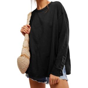Womens Oversized Long Sleeve Shirts Crew Neck Casual Tops Loose Fit Side Slit Fall Tees(Black)