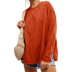Womens Oversized Long Sleeve Shirts Crew Neck Casual Tops Loose Fit Side Slit Fall Tees(Brick Red)