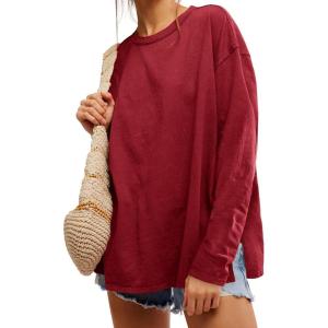 Womens Oversized Long Sleeve Shirts Crew Neck Casual Tops Loose Fit Side Slit Fall Tees(Burgundy)