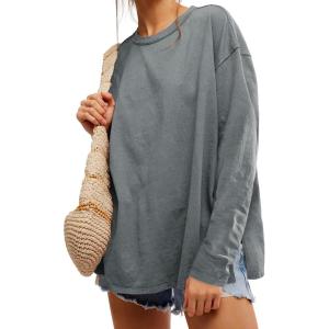 Womens Oversized Long Sleeve Shirts Crew Neck Casual Tops Loose Fit Side Slit Fall Tees(Grey)