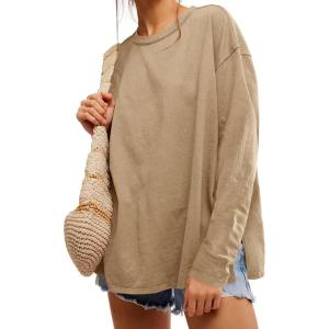 Womens Oversized Long Sleeve Shirts Crew Neck Casual Tops Loose Fit Side Slit Fall Tees(Khaki)