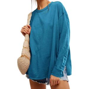 Womens Oversized Long Sleeve Shirts Crew Neck Casual Tops Loose Fit Side Slit Fall Tees(Lake Blue)