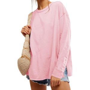 Womens Oversized Long Sleeve Shirts Crew Neck Casual Tops Loose Fit Side Slit Fall Tees(Light Pink)
