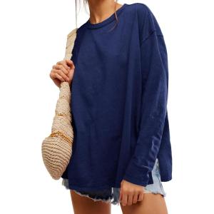 Womens Oversized Long Sleeve Shirts Crew Neck Casual Tops Loose Fit Side Slit Fall Tees(Navy)