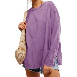 Womens Oversized Long Sleeve Shirts Crew Neck Casual Tops Loose Fit Side Slit Fall Tees(Purple)