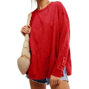 Womens Oversized Long Sleeve Shirts Crew Neck Casual Tops Loose Fit Side Slit Fall Tees(Red)
