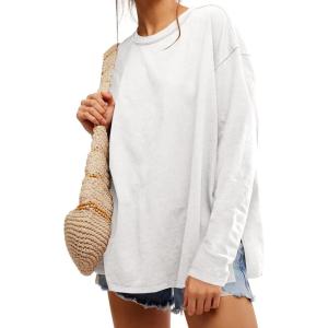 Womens Oversized Long Sleeve Shirts Crew Neck Casual Tops Loose Fit Side Slit Fall Tees(White)