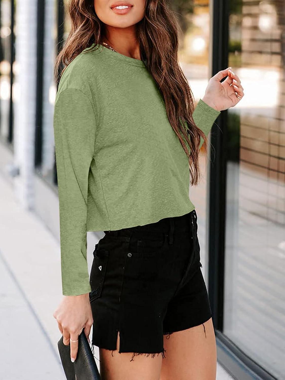 imageTankaneo Women Long Sleeve Crop Tops Loose Crew Neck Cropped TShirts Drop Shoulder Casual Basic Tees LBlueLarmy Green