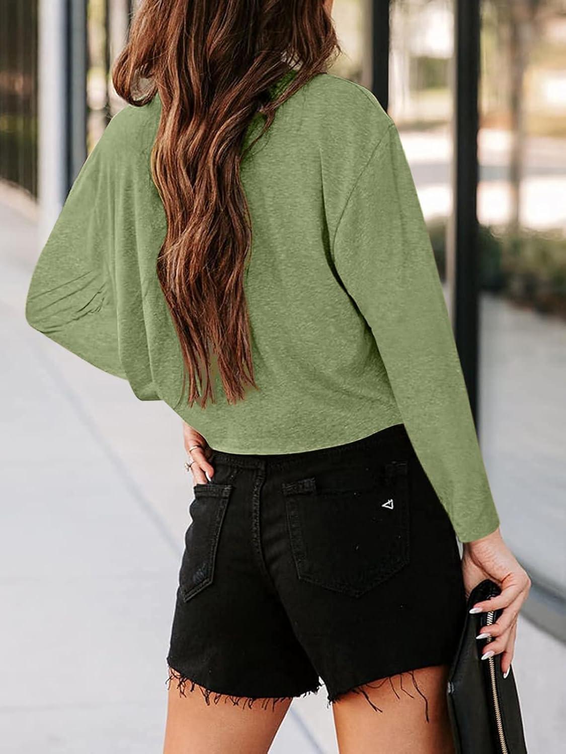 imageTankaneo Women Long Sleeve Crop Tops Loose Crew Neck Cropped TShirts Drop Shoulder Casual Basic Tees LBlueLarmy Green