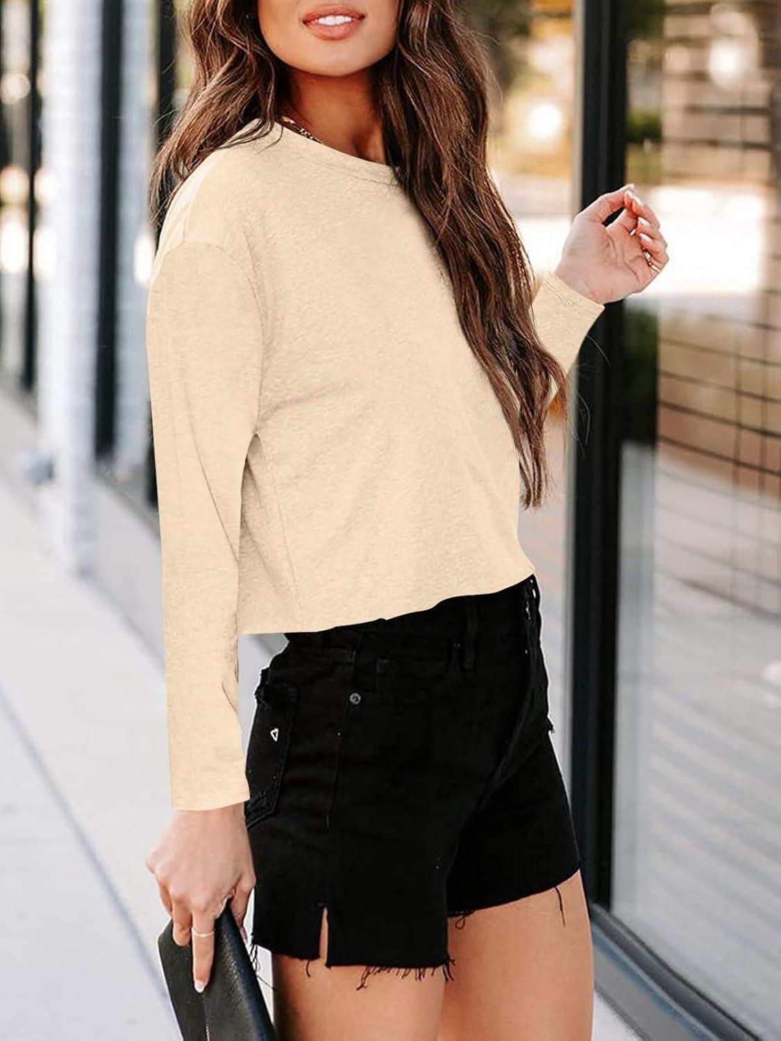 imageTankaneo Women Long Sleeve Crop Tops Loose Crew Neck Cropped TShirts Drop Shoulder Casual Basic Tees LBlueLbeige