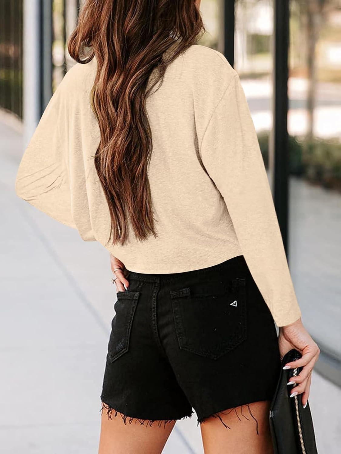 imageTankaneo Women Long Sleeve Crop Tops Loose Crew Neck Cropped TShirts Drop Shoulder Casual Basic Tees LBlueLbeige