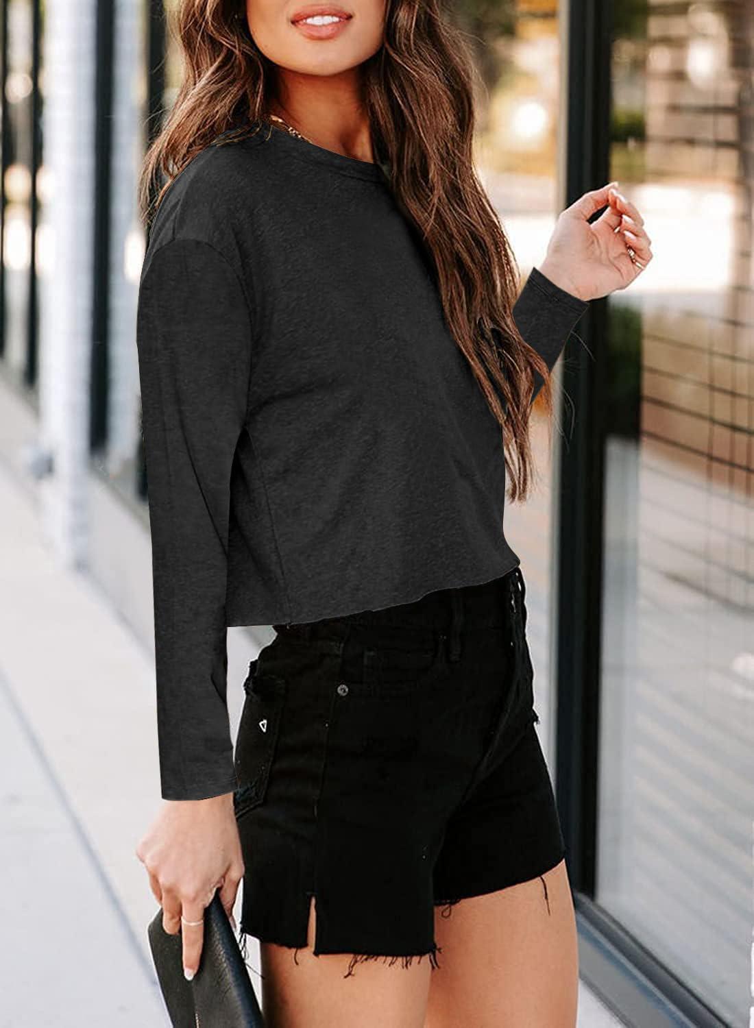 imageTankaneo Women Long Sleeve Crop Tops Loose Crew Neck Cropped TShirts Drop Shoulder Casual Basic Tees LBlueLblack