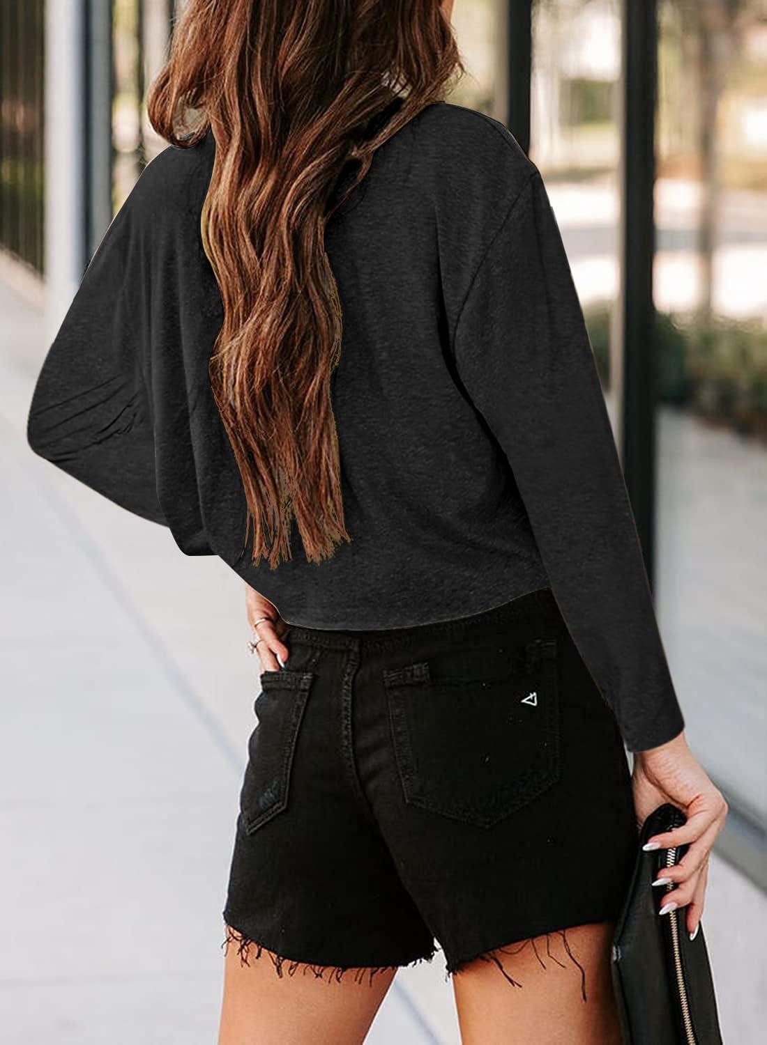 imageTankaneo Women Long Sleeve Crop Tops Loose Crew Neck Cropped TShirts Drop Shoulder Casual Basic Tees LBlueLblack