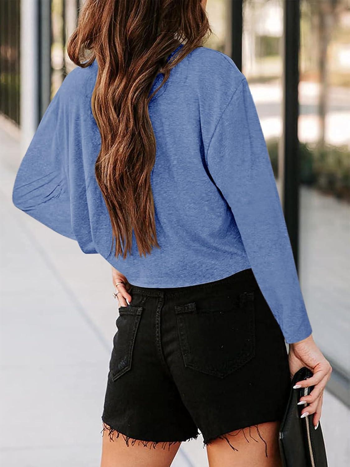 imageTankaneo Women Long Sleeve Crop Tops Loose Crew Neck Cropped TShirts Drop Shoulder Casual Basic Tees LBlueLblue