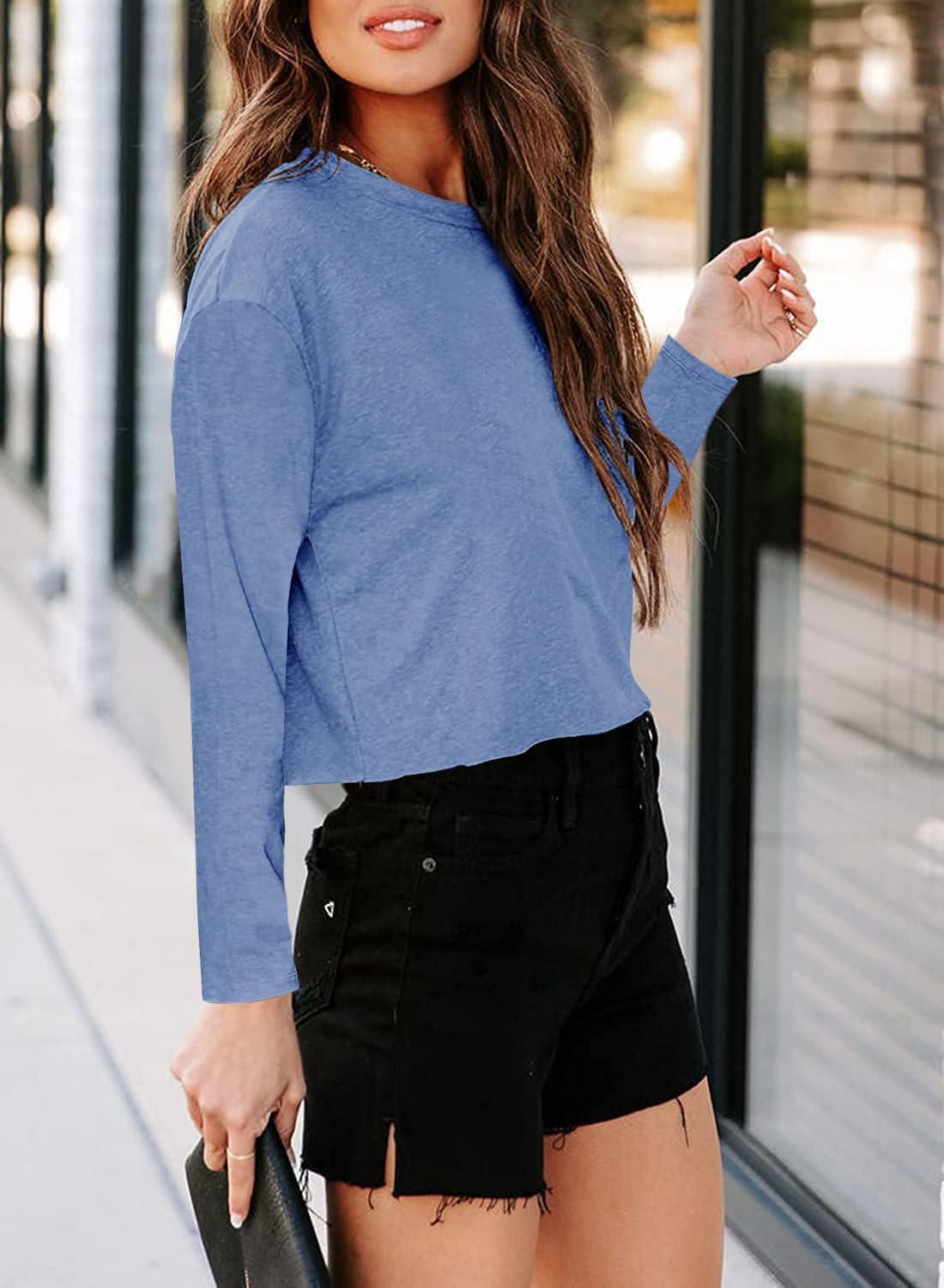 imageTankaneo Women Long Sleeve Crop Tops Loose Crew Neck Cropped TShirts Drop Shoulder Casual Basic Tees LBlueLblue