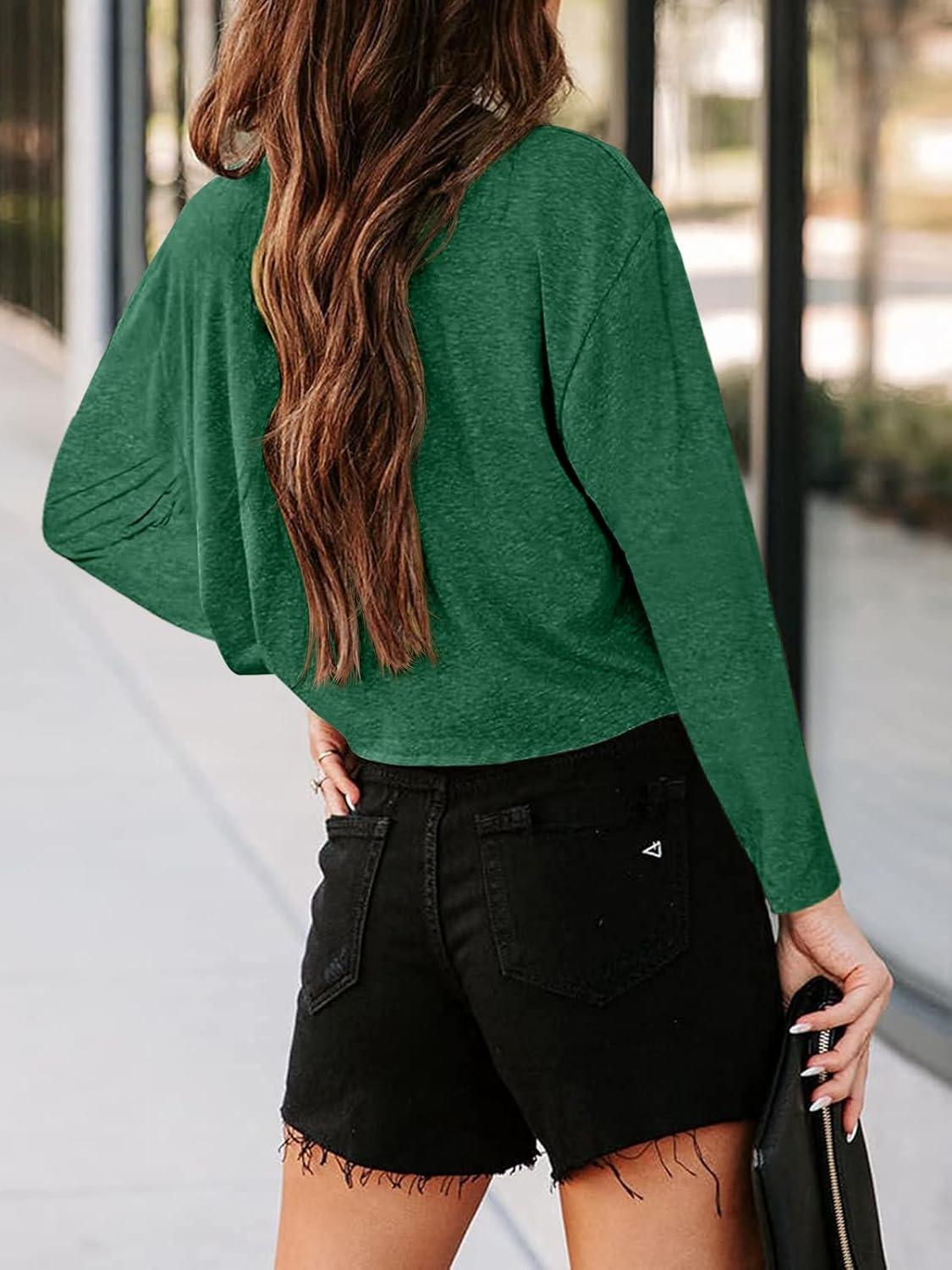 imageTankaneo Women Long Sleeve Crop Tops Loose Crew Neck Cropped TShirts Drop Shoulder Casual Basic Tees LBlueLdark Green