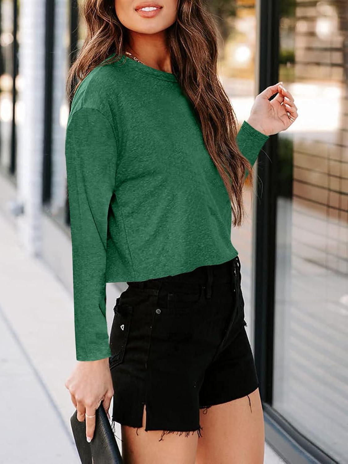 imageTankaneo Women Long Sleeve Crop Tops Loose Crew Neck Cropped TShirts Drop Shoulder Casual Basic Tees LBlueLdark Green