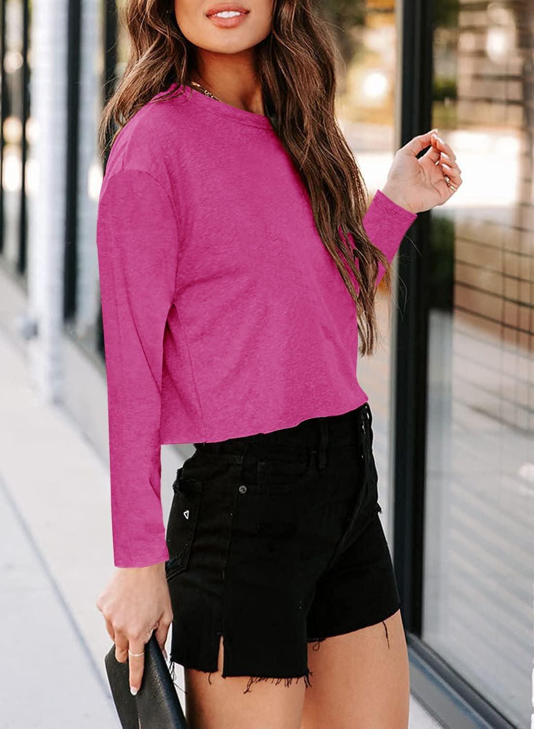 imageTankaneo Women Long Sleeve Crop Tops Loose Crew Neck Cropped TShirts Drop Shoulder Casual Basic Tees LBlueLhot Pink