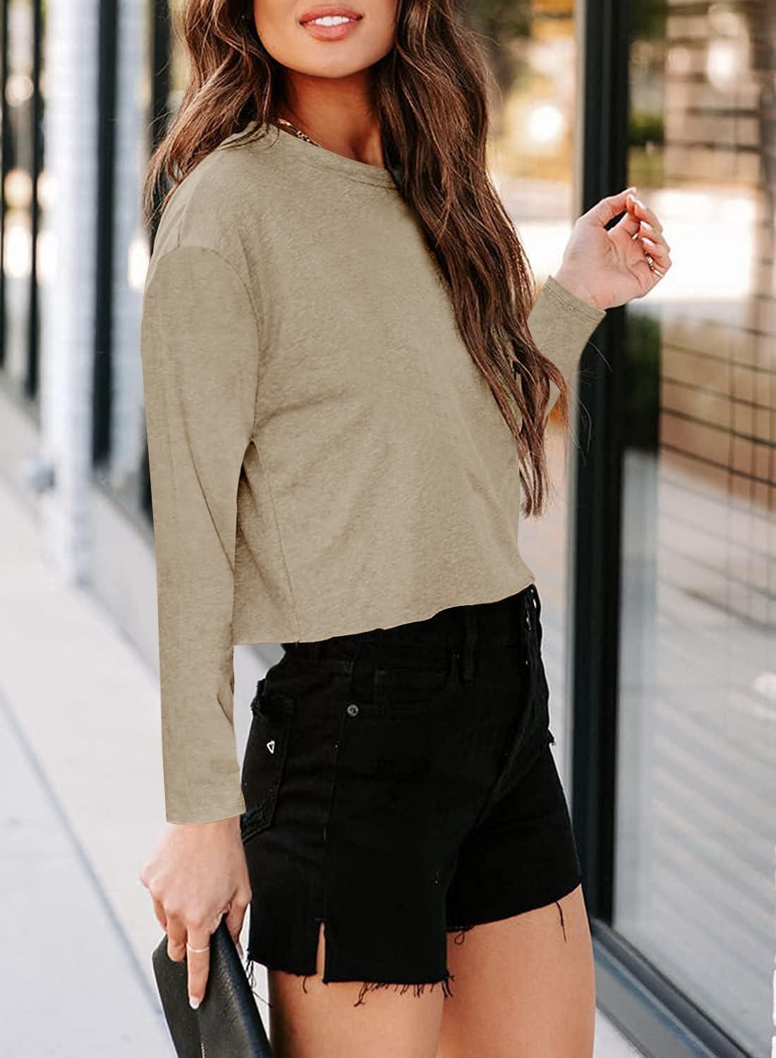 imageTankaneo Women Long Sleeve Crop Tops Loose Crew Neck Cropped TShirts Drop Shoulder Casual Basic Tees LBlueLkhaki