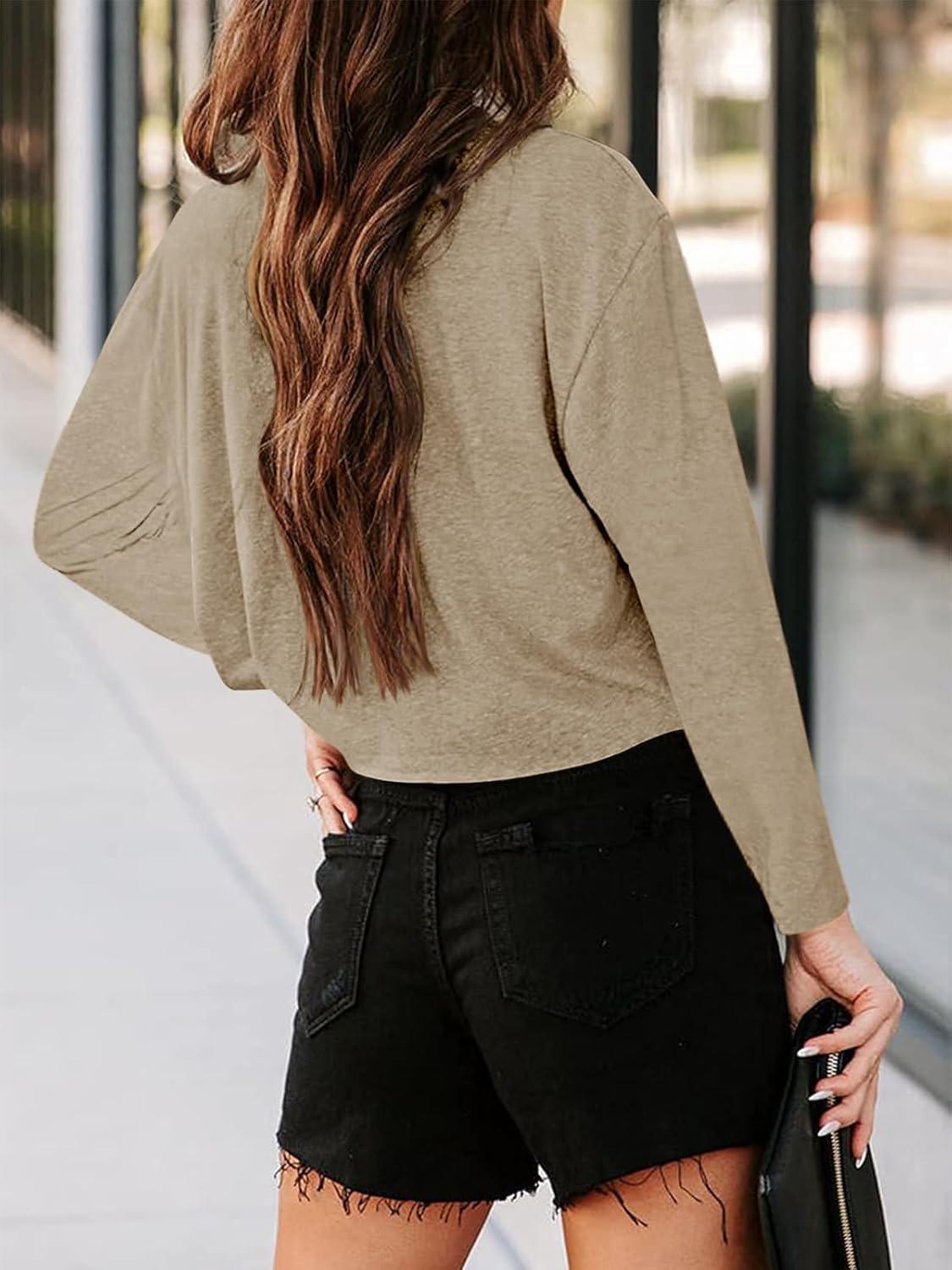 imageTankaneo Women Long Sleeve Crop Tops Loose Crew Neck Cropped TShirts Drop Shoulder Casual Basic Tees LBlueLkhaki