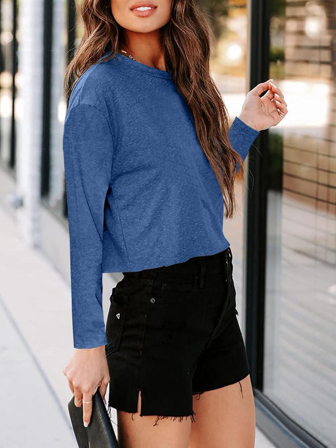 imageTankaneo Women Long Sleeve Crop Tops Loose Crew Neck Cropped TShirts Drop Shoulder Casual Basic Tees LBlueLnavy