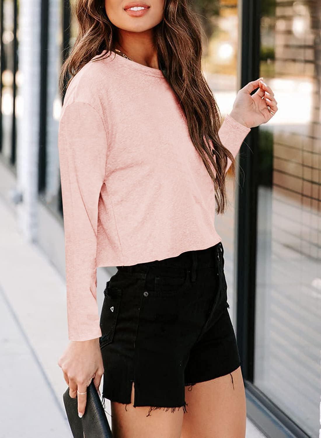 imageTankaneo Women Long Sleeve Crop Tops Loose Crew Neck Cropped TShirts Drop Shoulder Casual Basic Tees LBlueLpink