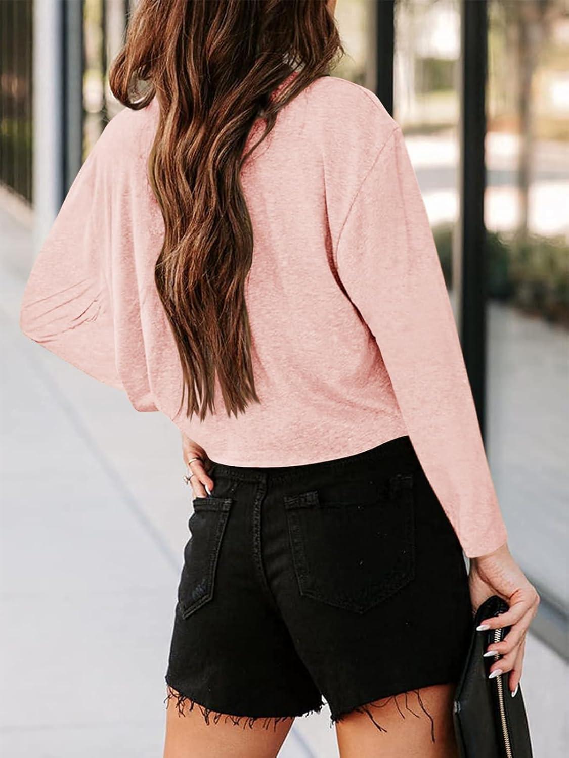 imageTankaneo Women Long Sleeve Crop Tops Loose Crew Neck Cropped TShirts Drop Shoulder Casual Basic Tees LBlueLpink