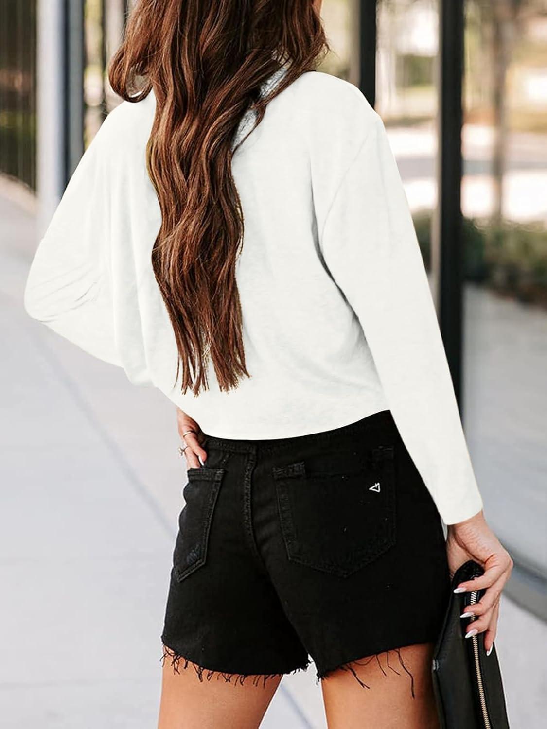 imageTankaneo Women Long Sleeve Crop Tops Loose Crew Neck Cropped TShirts Drop Shoulder Casual Basic Tees LBlueLwhite