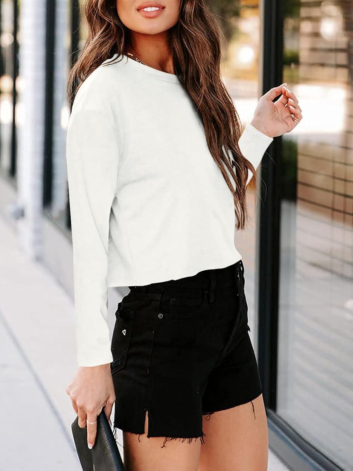 imageTankaneo Women Long Sleeve Crop Tops Loose Crew Neck Cropped TShirts Drop Shoulder Casual Basic Tees LBlueLwhite