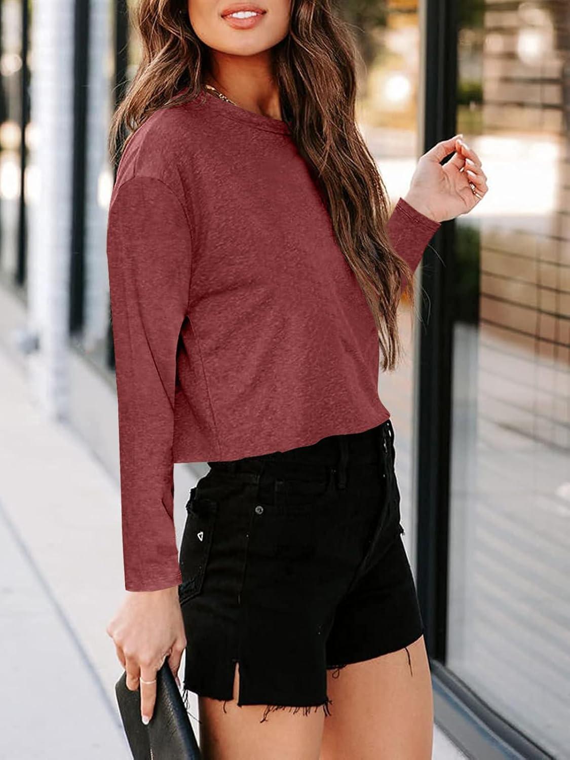 imageTankaneo Women Long Sleeve Crop Tops Loose Crew Neck Cropped TShirts Drop Shoulder Casual Basic Tees LBlueLwine Red