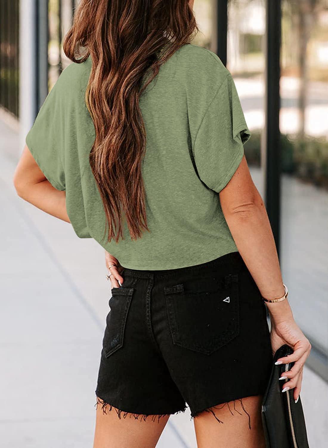 imageTankaneo Women Short Sleeve Cropped TShirts Crew Neck Loose Crop Tops Summer Casual Drop Shoulder Basic TeesArmy Green