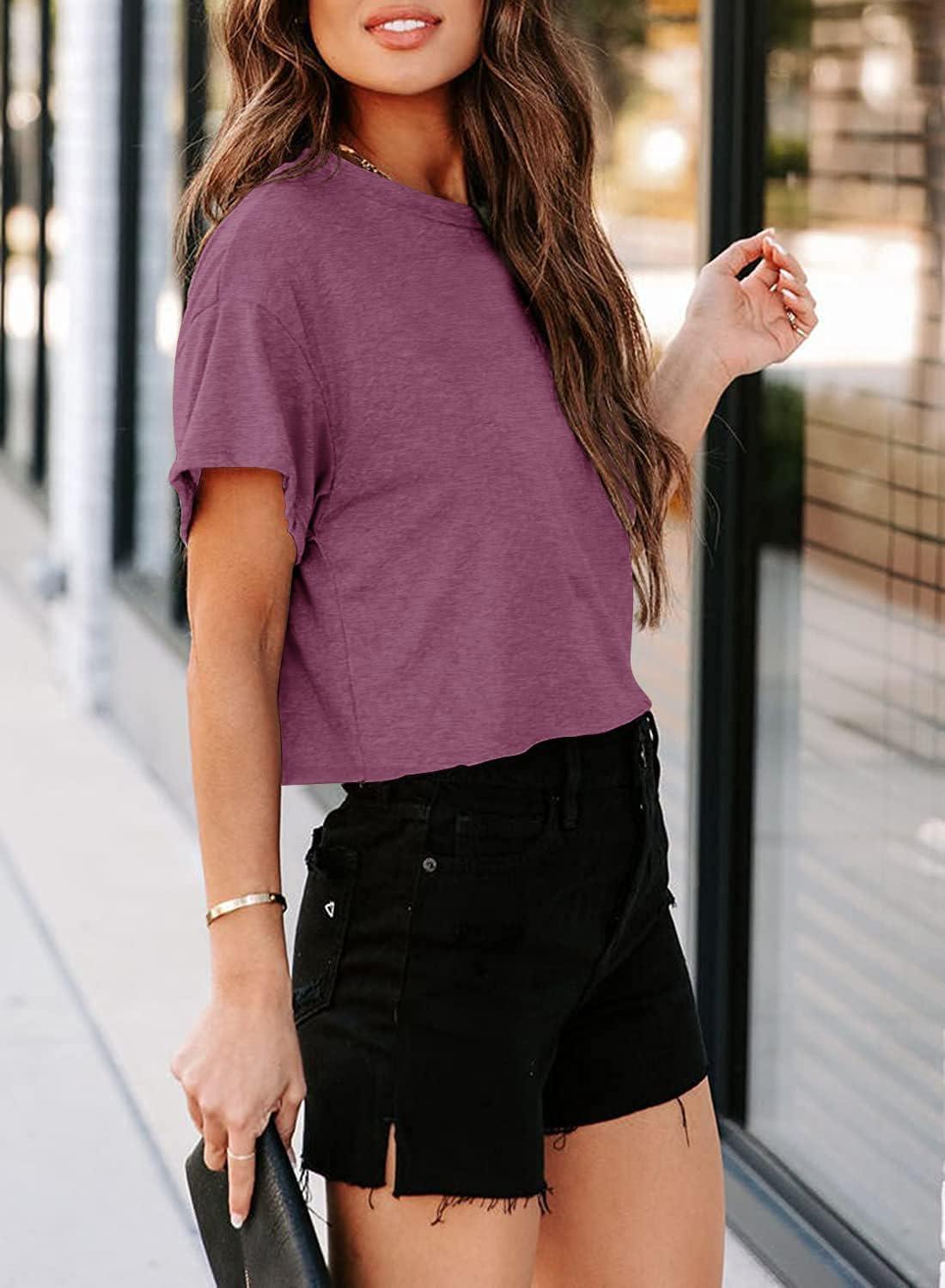 imageTankaneo Women Short Sleeve Cropped TShirts Crew Neck Loose Crop Tops Summer Casual Drop Shoulder Basic TeesPurple Red
