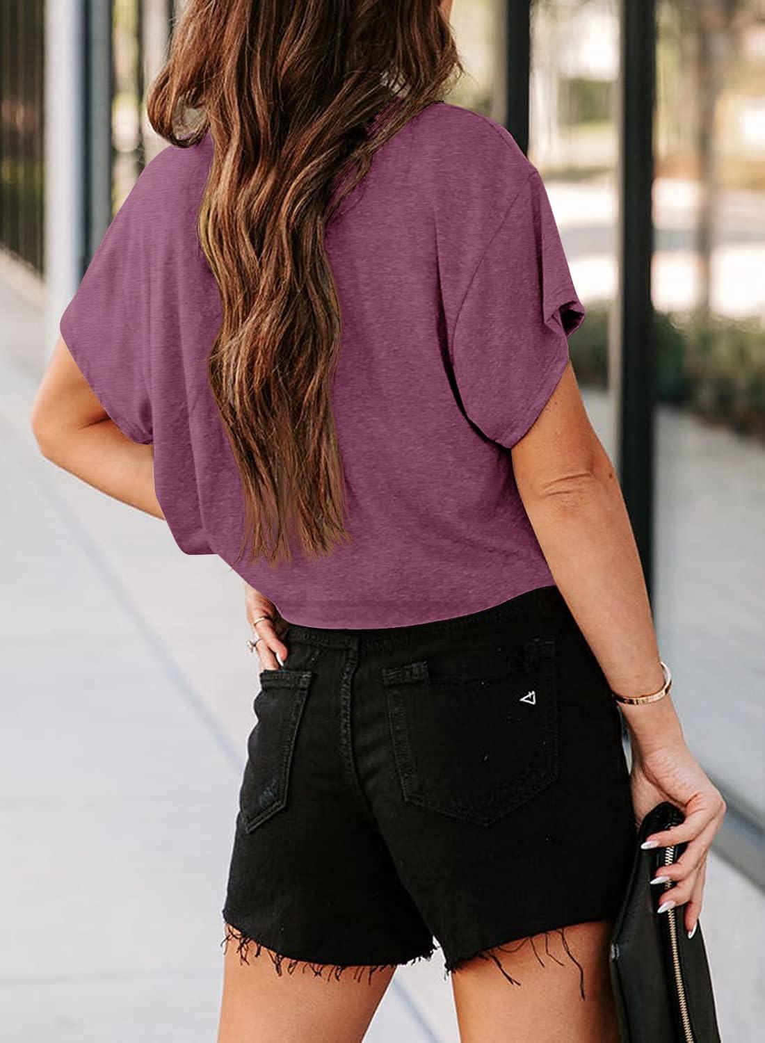 imageTankaneo Women Short Sleeve Cropped TShirts Crew Neck Loose Crop Tops Summer Casual Drop Shoulder Basic TeesPurple Red