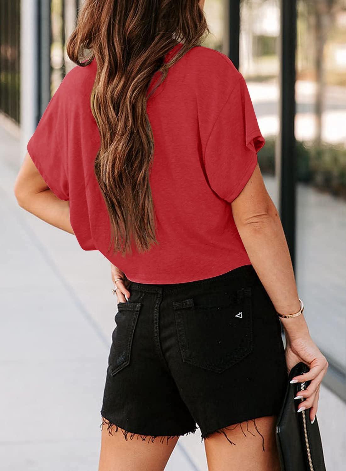 imageTankaneo Women Short Sleeve Cropped TShirts Crew Neck Loose Crop Tops Summer Casual Drop Shoulder Basic TeesRed