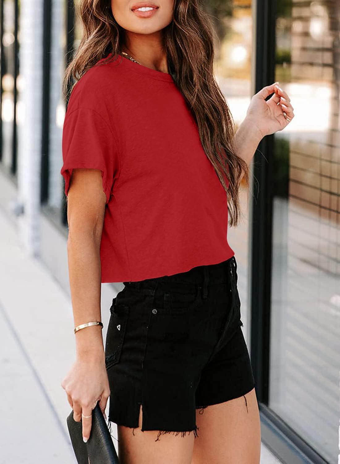 imageTankaneo Women Short Sleeve Cropped TShirts Crew Neck Loose Crop Tops Summer Casual Drop Shoulder Basic TeesRed