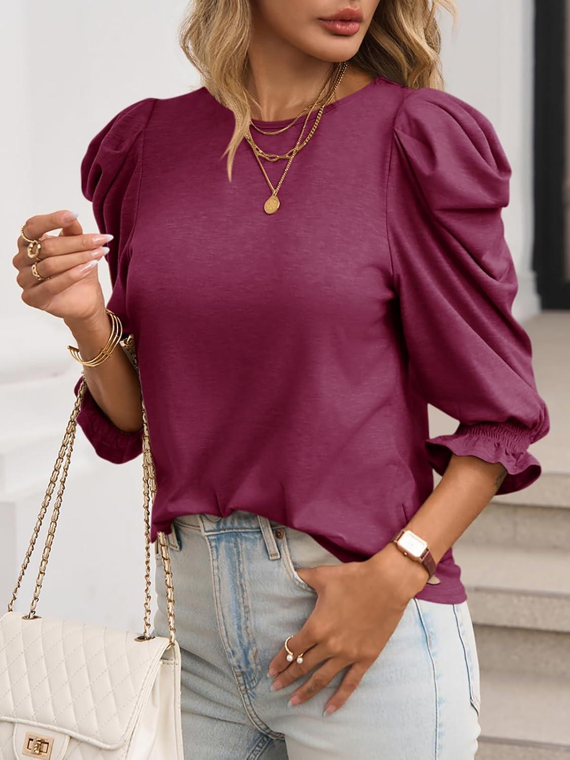 imageTankaneo Womens 34 Length Sleeve Tops Dressy Casual Blouse Puff Sleeve Cute Trendy T Shirts with Smocked CuffsBurgundy