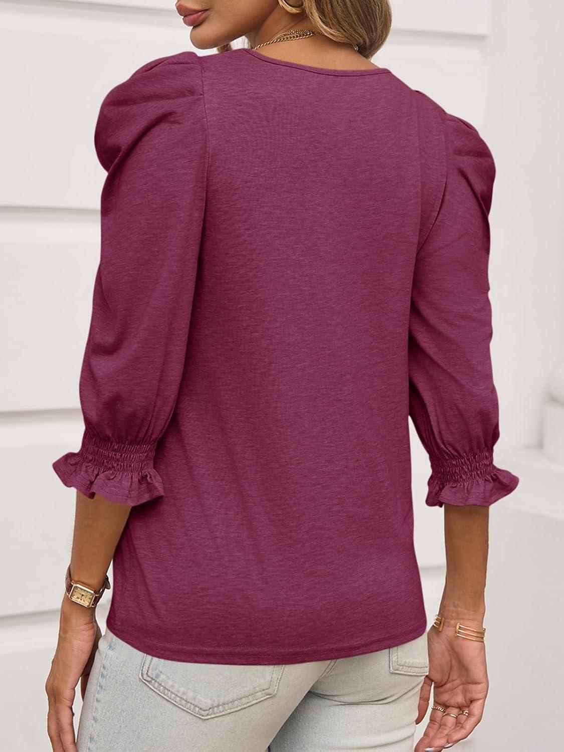 imageTankaneo Womens 34 Length Sleeve Tops Dressy Casual Blouse Puff Sleeve Cute Trendy T Shirts with Smocked CuffsBurgundy