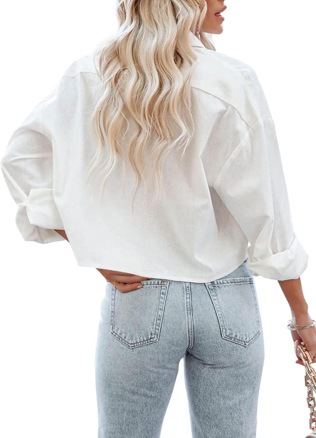 imageTankaneo Womens Button Down Cropped Shirts Long Sleeve Casual Crop Tops Solid Lapel Blouse Shirt with Chest Pocket01white