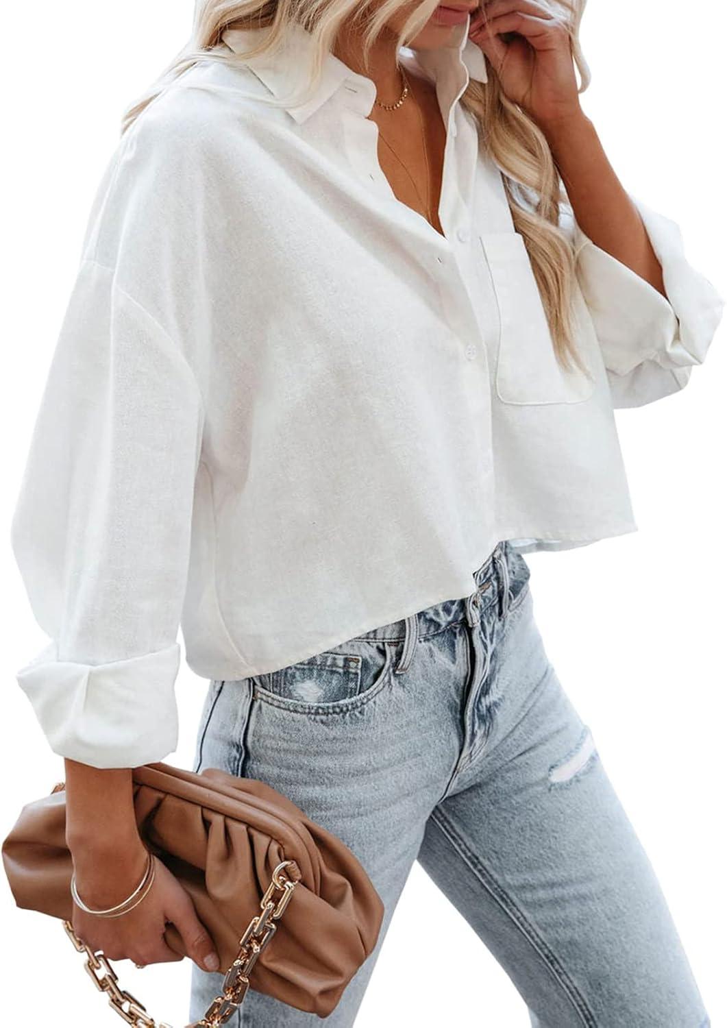 imageTankaneo Womens Button Down Cropped Shirts Long Sleeve Casual Crop Tops Solid Lapel Blouse Shirt with Chest Pocket01white
