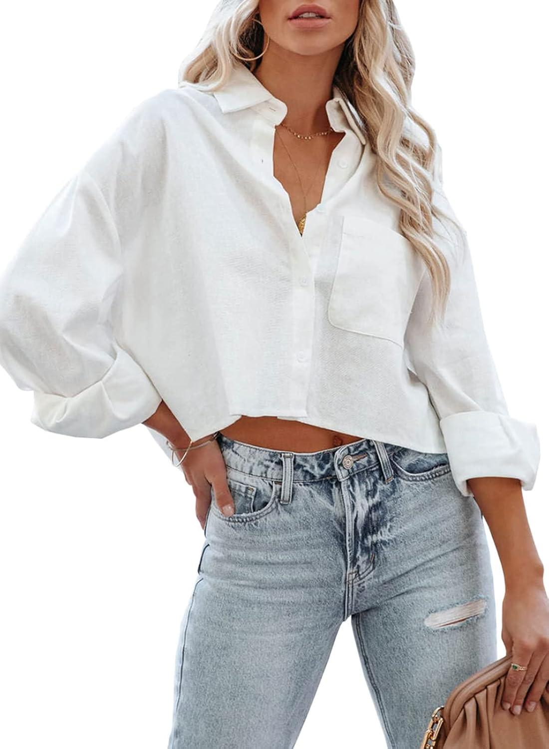 imageTankaneo Womens Button Down Cropped Shirts Long Sleeve Casual Crop Tops Solid Lapel Blouse Shirt with Chest Pocket01white