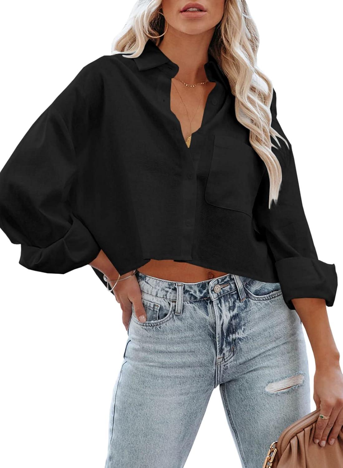 imageTankaneo Womens Button Down Cropped Shirts Long Sleeve Casual Crop Tops Solid Lapel Blouse Shirt with Chest Pocket02black